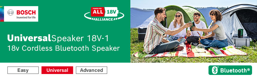 Bosch UniversalSpeaker 18V-1 18V Cordless Bluetooth Speaker – Power for All Alliance Bosch UniversalSpeaker 18V-1 18V cordless Bluetooth speaker, part of the 18V Power for All Alliance