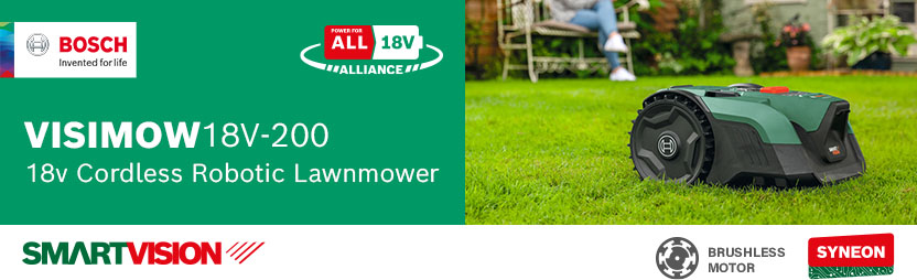 Bosch VISIMOW 18V-200 P4A 18v Cordless SmartVision Camera Robotic Lawnmower 175mm – Brushless Motor, Syneon, Power For All 18V Alliance Bosch VISIMOW 18V-200 cordless robotic SmartVision mower with 18V Power For All battery compatibility brushless motor Syneon chip technology