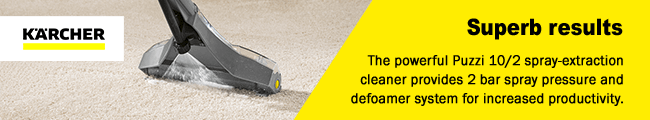 Superbs results
The powerful Puzzi 10/2 spray-extraction
cleaner provides 2 bar spray pressure and
defoamer system for increased productivity. Karcher PUZZI 102 Carpet Cleaner
