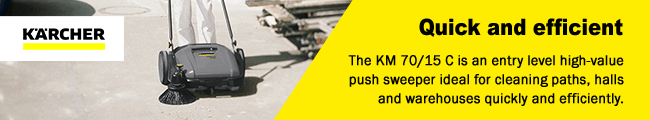 Quick and efficient
The KM 70/15 C is an entry level high-value
push sweeper ideal for cleaning paths, halls
and warehouses quickly and efficiently. Karcher KM7015C Sweeper