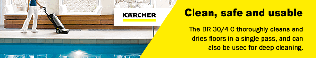 Clean, safe and usable
The BR 30/4 C thoroughly cleans and
dries floors in a single pass, and can
also be used for deep cleaning. Karcher BR304C Scrubber Dryer