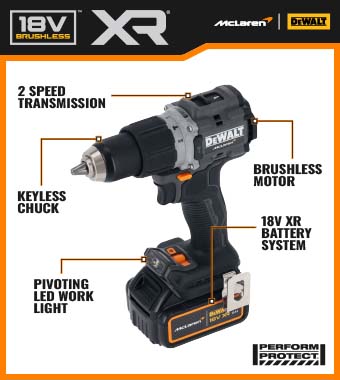 Features & Benefits
• Brushless Motor Technology: Enhances efficiency,
delivering longer runtimes and requiring less maintenance.
• Compact and Lightweight Design: Ideal for use in
confined spaces, ensuring maximum comfort during operation.
• Two-Speed All-Metal Transmission: Provides extended
tool life and optimal performance across various applications.
• 14 Adjustable Torque Settings: Offers precise control
for consistent screw driving into a variety of materials.
• Anti-Rotation System: Enhances control in bind-up
situations, improving safety during use.
• 3-Mode Pivoting LED Light: Improves visibility in
low-light conditions, aiding accuracy.
• Ergonomic Rubber Grip: Enhances user comfort
during prolonged use.
• High Performance: Delivers up to 90Nm of torque
in a compact 177mm body, engineered for the toughest jobs.
• McLaren F1 Team Collaboration: Features a distinctive design
reflecting the partnership between DeWalt and the McLaren F1 Team.
DeWalt DCD85MP2T McLaren F1 Brushless 18v XR Combi Drill