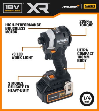 Features & Benefits
• Brushless Motor: Delivers high power and
efficiency, increasing runtime and motor life.
• Compact Size: Allows for access into
tight spaces, improving versatility.
• High Torque Output: Provides up to 205Nm of
torque for demanding fastening applications.
• 3-Speed Settings: Offers enhanced control
and precision for various tasks.
• Precision Drive Mode: Provides added control
during precision screw driving applications.
• x3 LED Work Light: Illuminates dark
work areas for improved visibility.
• 1/4inch Hex Quick Release Chuck: Allows
for fast and easy bit changes.
• Ergonomic Design: Provides comfortable
handling and reduced user fatigue.
• TSTAK Compatible: Designed to fit within the
DeWalt TSTAK storage system for easy transport.
• McLaren F1 Team Collaboration: Features a
distinctive design reflecting the partnership
between DeWalt and the McLaren F1 Team. DeWalt DCF85MP2T McLaren F1 Brushless 18v XR 1/4in Impact Driver