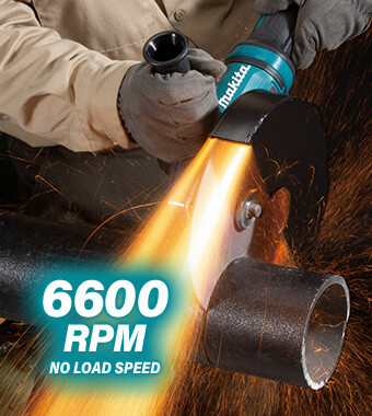 Brushless motor delivers
6,600 RPM no load speed. Makita GA038G XGT Brushless Angle Grinder