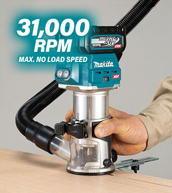 Brushless motor delivers
31,000 RPM max. no load speed. Makita RT001G XGT Brushless Motor Trim Router
