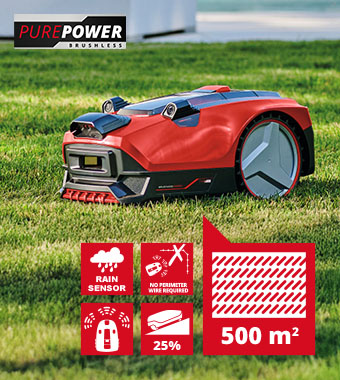 Using an integrated camera, the FREELEXO CAM 500
recognizes the boundaries of the lawn to be mowed
by detecting lawns based on colours and structures.
Designed for gardens up to approx. 500 m² Einhell FREELEXO CAM 500 18v Cordless Brushless PurePower Robotic Camera Sensor Lawnmower