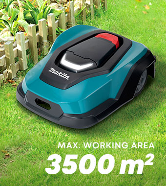 Makita RM350D Robotic Lawnmower – 3500m² Max. Working Area Makita RM350D robotic lawnmower on grass with max. working area 3500m²