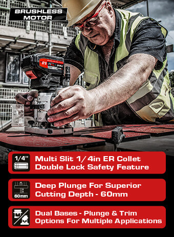 • TREND HIGH PERFORMANCE BRUSHLESS MOTOR
Longer motor life, more power, more run time.
• 60mm PLUNGE DEPTH
Market leading plunge depth gives access to a wider range of applications.
• DUAL BASES
Plunge and Trim base options for a wide range of applications including Trend trade hinge jigs. Trend T18S-R14K1 18v Cordless Brushless Motor Router Interchangeable Plunge Trim Base