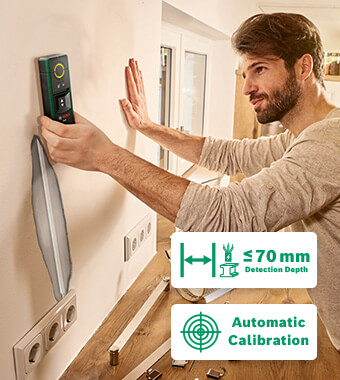 Switch it on, detect, drill!
• Simple detection of live cables
and metal objects up to 70 mm.
• Specific live cable and metal indication
via two separate LED displays. Bosch 0603681205 TRUVO Basic Digital Cable Pipe Wall Detector Calibration