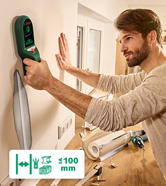 Thorough wall scans for safer drilling
• Detector for quick inspection of walls, ceilings,
or floors up to 10 cm.
• Detection of metal objects, current-carrying
wires and substructures in drywalls. Bosch 0603681301 UniversalDetect Cable Pipe Wood Detector