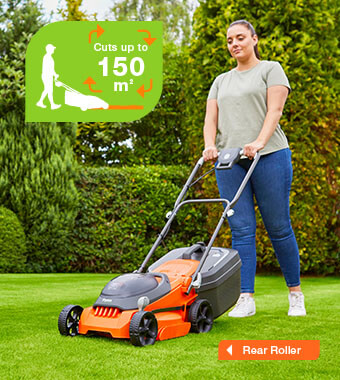 Ideal for medium to large sized gardens.
With Rear Roller for a striped finish. Flymo EasiStore 340R Cordless Rear Roller