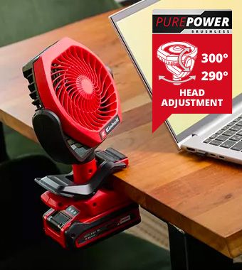 • Built-in clamping device
• Tilting 300° / Rotating 290° fan head Einhell GC-CF 18/110 Li 18v Cordless Air Fan