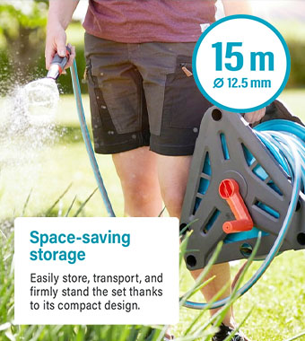 Compact design with centralised
carrying handle means the reel can
be lifted and transported easily. Gardena 2687-90 Compact Hose Reel spray nozzle Fittings 15m pipe