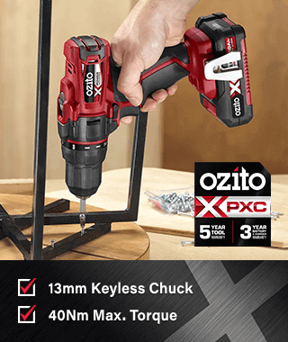PXDDK-301 18v Drill Driver:
• 13mm Keyless Chuck
• 40Nm Max. Torque
• 18 Torque Settings Ozito PXDDGK800U PXDDK301 Drill Driver 13mm Keyless Chuck