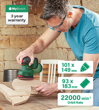 Electronic speed preselection via a
rotary switch enables users to adjust
the orbital stroke rate precisely to
their needs and materials. Bosch UniversalSander 18v Cordless Multi Sander Compact Lightweight Ergonomic