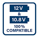 10.8 & 12 Volt 100% Compatible
All Bosch Professional 10.8V tools,
batteries & chargers are 100%
compatible with all Bosch Professional
12V tools, batteries & chargers. Bosch GSR12V35HX Compatible Battery System