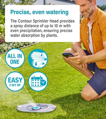 Precise, even watering
AquaPrecise offers contour-specific irrigation
for areas up to 320 m². The Contour Sprinkler
Head provides a spray distance of up to 10 m
with even precipitation, ensuring precise
water absorption by plants. Gardena 16010-20 AquaPrecise Complete Solar-Powered Countour Sprinkler Lawn Plants Irrigation Solution