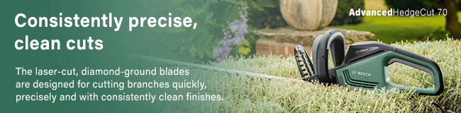 Consistently precise,
clean cuts
The laser-cut, diamond-ground blades are
designed for cutting branches quickly, precisely
and with consistently clean finishes. Bosch AdvancedHedgeCut 70 Hedge Trimmer Diamond Blades
