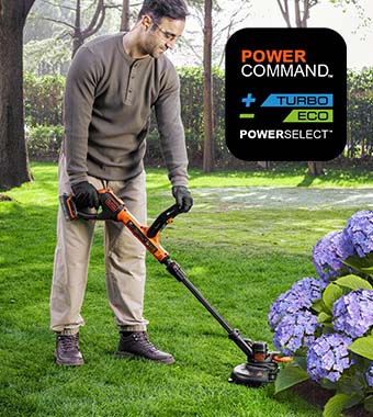 Two power settings: (BOOST) maximum
power or (ECO) maximum runtime Black Decker BCSTR918 18v Cordless Resin Blades Grass Trimmer Telescopic shaft Automatic line feed Eco Boost Edging