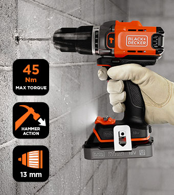 Ideal for screwdriving and drilling
applications around the home with
a maximum torque of 45Nm. Black Decker BCD383 PowerConnect 18v Cordless Combi Hammer Drill Driver