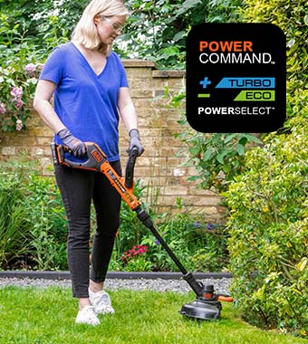 Two power settings: (BOOST) maximum
power or (ECO) maximum runtime Black Decker BCST918 18v Cordless Grass Trimmer Telescopic shaft Automatic line feed Eco Boost Edging