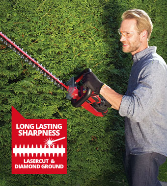 Features laser-cut and
diamond-ground steel blades. Einhell GE-CH 18/60 Li 18v Cordless Hedge Trimmer laser-cut diamond-ground steel blades 60cm