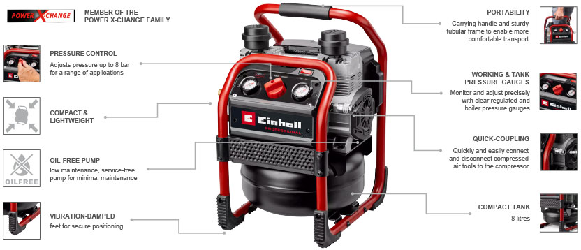Features & Benefits
• Twin-Pack technology: 2x18V Power X-Change batteries
• Silent power: particularly quiet battery-powered compressor
• Oil-free, service-free pump for low maintenance requirements
• Mobile, powerful compressor with 8-litre tank
• Manual adjustment of working pressure thanks to pressure reducer
• Pressure gauge for regulated working pressure
• Pressure gauge for the boiler pressure
• Easy drainage of condensation water thanks to drain tap
• Practical carrying handle & tubular frame for easy transport Einhell Professional SILENZZO 36/210 Twin-Pack 36v Air Compressor