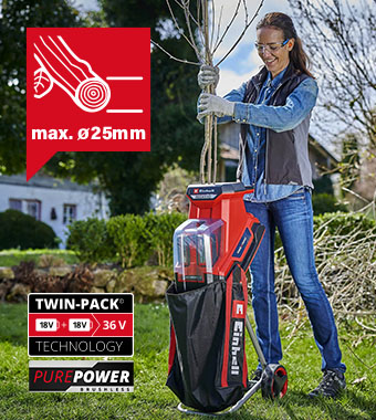 PurePower Brushless - The low-maintenance and
powerful brushless motor ensures maximum
performance with longer running time compared
to conventional carbon brush motors. Einhell REDAXXO 36-25 36v PurePower Brushless TWIN-PACK Cordless Garden Shredder shredding bag
