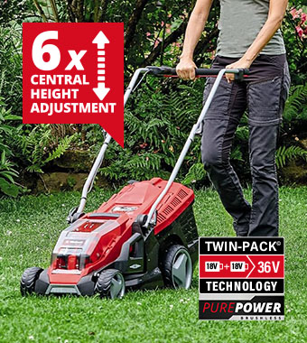 PurePower Brushless - The low-maintenance and
powerful brushless motor ensures maximum
performance with longer running time compared
to conventional carbon brush motors. Einhell GE-CM-36-36-Li 36v PurePower Brushless TWIN-PACK Cordless Rotary Lawnmower 400m² lawn