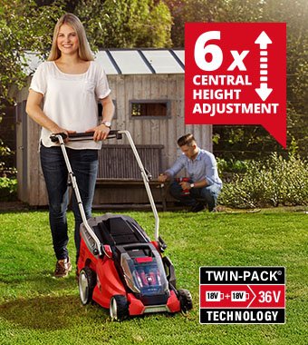Central cutting height adjustment
with six cutting heights. Einhell GE-CM-36-Li 36v Cordless Rotary Lawnmower 36cm