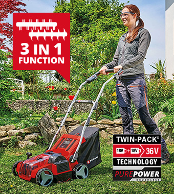 PurePower Brushless - The low-maintenance and
powerful brushless motor ensures maximum
performance with longer running time compared
to conventional carbon brush motors. Einhell GE-SA-36-35-Li 36v PurePower Brushless TWIN-PACK Cordless Scarifier Aerator