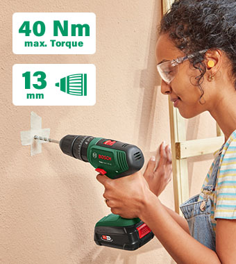 One tool does it all: screwdriving,
drilling, and impact drilling Bosch EasyImpact 18V-40 P4A 18v Combi Drill 13mm keyless chuck 40Nm Torque