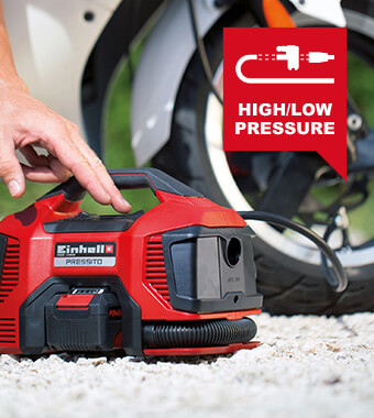 • High-pressure pump for inflating car
tyres, wheel tyres and balls.
• Low-pressure pump for filling air mattresses.
• Low-pressure suction for letting down air mattresses. Einhell PRESSITO 18-21 18v Cordless Air Compressor