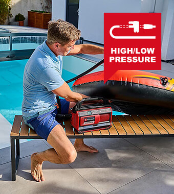 • High-pressure pump for inflating car
tyres, wheel tyres and balls.
• Low-pressure pump for filling air mattresses.
• Low-pressure suction for letting down air mattresses. Einhell PRESSITO 18-25 18v Cordless Air Compressor