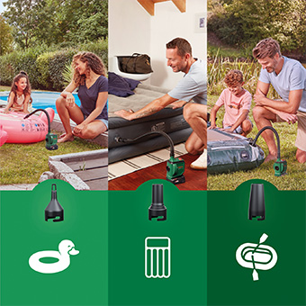 Fast air pump for inflatable
boats, toys, and other inflatable items. Bosch EasyInflate 18V-500 Air Pump inflatable mattresse deflation Light compact