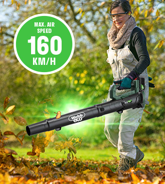 Max. Air Flow Speed:
100mph / 160km/h Webb WEV20AB 20v Cordless Lightweight Axial Garden Leaf Blower Air Flow Speed