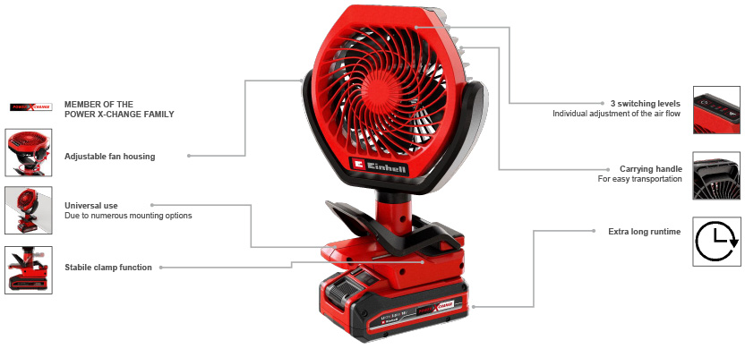 Features & Benefits
• Member of the Power X-Change family
• Brushless motor - more power and longer running time
• Brushless - 10-year motor warranty after registration
• Compact cordless fan for indoor & outdoor use
• Continuous adjustment of the fan head
• Mounting hooks for individual suspension
• Practical carrying handle for mobile use
• 3 level adjustment of the air flow Einhell GC-CF 18/110 Li 18v Air Fan Brushless motor Fastening clamp