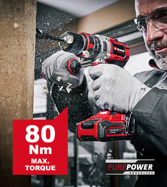 PRECISION AND POWER:
Enjoy fine-tuned control with 20-level adjustable torque
of up to 80 Nm, perfect for tackling even the toughest
tasks. The high-quality, single-sleeve 13mm quick-
release metal chuck allows for quick and easy tool
changes, saving you time and effort on your projects. Einhell TE-CD-18-80-Li-i-BL 18v Cordless Brushless PurePOWER Combi Drill metal chuck torque 80Nm
