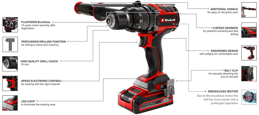 Features & Benefits
• Brushless motor - more power and longer runtime
• PurePOWER Brushless - 10 years motor warranty after registration
• Percussion drilling function for drilling in stone and masonry
• High-quality 13 mm quick-action metal drill chuck
• Speed electronics for working with the right material
• 2-speed gearbox for powerful screwing and fast drilling
• Ergonomic design with soft grip for comfortable work
• Easy on the joints thanks to additional handle
• Belt clip for securely attaching the unit to the belt
• Integrated LED light to illuminate the working area Einhell Professional TP-CD 18/120 Li-I BL Cordless Combi Drill Brushless motor