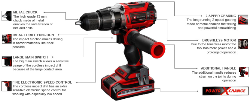 Features & Benefits
• Member of the Power X-Change family
• Brushless motor – more power and longer running time
• PurePOWER brushless – 10-year motor warranty with registration
• High-quality 13 mm metal chuck with locking function
• 2-speed transmission for powerful drilling and screwing
• Impact-drilling function for working on hard materials
• Speed electronics to adapt to the material and task at hand
• Optimal illumination of the work area thanks to LED light
• Auxiliary handle for safe and comfortable operation
• Belt clip to hang the tool securely on a belt in between uses Einhell Professional TP-CD 18/70 Li-I BL 18v Combi Drill Brushless PurePOWER motor
