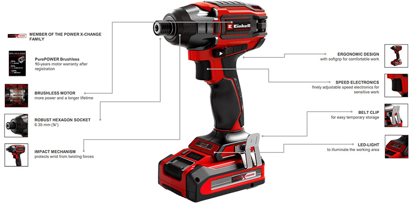 Features & Benefits
• Quick stop for fast and easy changes of tool
• Finely adjustable speed electronics for delicate work
• Heavy-duty hexagonal 1/4 inch chuck
• Special impact mechanism to protect wrist from torsional forces
• Lightweight design with ergonomically shaped Softgrip surfaces
• Includes LED light to illuminate the working area
• Includes belt clip for to keep within easy reach Einhell Professional TP-CI 18/220 Li BL 18/230 220Nm Impact Wrench Brushless motor
