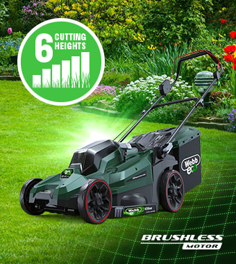 6 CUTTING HEIGHTS
Simply raise the single lever to lower the blade
for cutting lengths of grass from 25-75mm. Webb WEV20X2LM43 40v Brushless Lawnmower 43cm 50-litre collection box