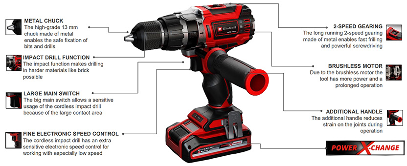 Einhell Professional TP-CD 18/60 Li-i BL Combi Drill Functions metal keyless chuck