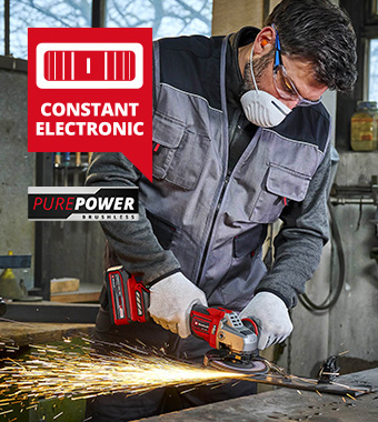 Practical tool for grinding,
cutting, roughing and polishing. Einhell TP-AG-18-125-CE-Q-Li 18v Cordless Brushless PurePOWER Quick-Fix Nut Angle Grinder variable speed control constant speed electronics