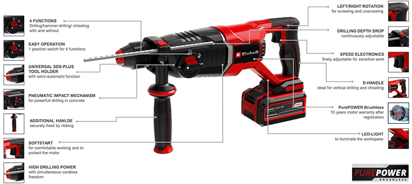 Features & Benefits
• Member of the Power X-Change family
• Brushless motor – more power and longer running time
• PurePOWER brushless – 10-year motor warranty with registration
• 4 modes: Drilling/hammer drilling/chiselling with & without rotat
• Easy to use: 1 position switch for 4 functions
• High drilling performance with cordless freedom
• Finely adjustable speed electronics for sensitive work
• Pneumatic impact mechanism for powerful drilling into concrete
• Clockwise and anticlockwise rotation for tightening and loosening
• Soft start for comfortable operation and to protect the motor
• Universal SDS-Plus tool adapter with semi-automatic operation
• D-handle perfect for vertical drilling and chiselling
• Ergonomic handle and auxiliary handle with Softgrip
• Auxiliary handle securely attached via ribbing
• Infinitely adjustable solid-metal drill depth stop
• Incl. LED light to illuminate the working area Einhell Professional TP-HD 18/26 D Li BL Cordless SDS-Plus Hammer Drill Brushless PurePOWER motor