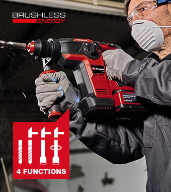 • 4 functions: Drilling/hammer
drilling/chiselling with & without fixing.
• PurePOWER brushless motor – more power
and longer running time. Einhell TP-HD-18-26-Li-BL 18v Cordless Brushless SDS-Plus Drill PurePOWER Drilling hammer chiselling