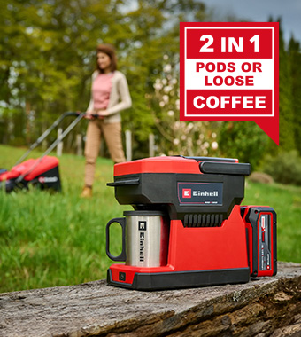 2-IN-1 COFFEE MAKER:
Works with filtered coffee and coffee pods. The
maximum temperature of 80 °C ensures you can enjoy
the perfect coffee within 5 minutes of switching it on. Einhell TE-CF-18-Li 18v Cordless Coffee Maker pods filtered