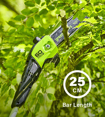 25cm Bar Length
(Automatic Oiling) Greenworks GD60PS25 DigiPro 60v Cordless Polesaw Pole Tree Pruner Automatic oiling Bar Length 25cm