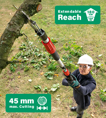 Cordless pruner for effortless
cutting of branches up to 45 mm. Bosch ADVANCEDPRUNE 18V-45 P4A Cordless Extension Pole Tree Pruner Power Pruning Shears