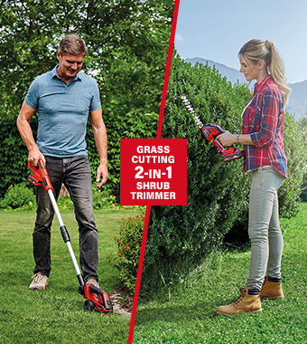 • Grass cutting blade perfect for tending lawn edges (100mm)
• Shrub shears for hedge and bush care (200mm) Einhell GE-CG-18-100-Li-T 18v Cordless Grass Cutting Shears Shrub Trimmer Handle